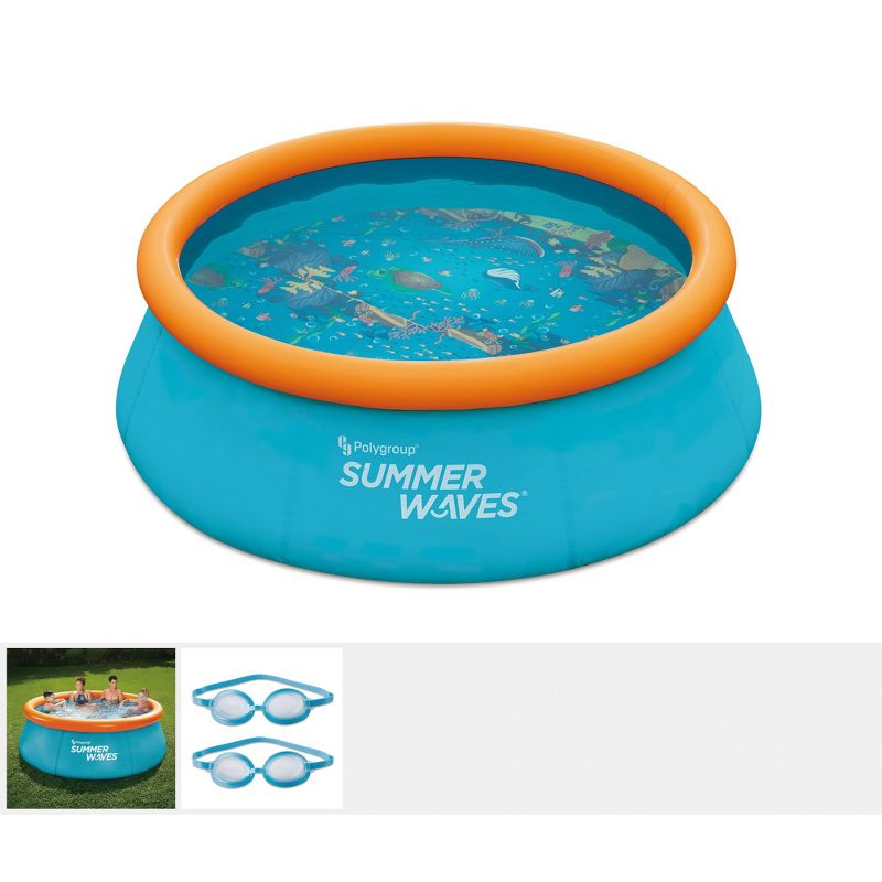 Summer Waves P1C008303 8 Foot Wide Quick Set Inflatable Top Ring Kiddie Swimming Pool with Deep Sea Ocean Life Graphics and 3D Goggles, Blue