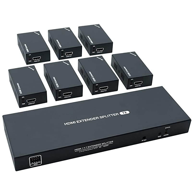 Extender Splitter with IR 1x7 1080P Over Ethernet Cable Cat 5E/6/7 Up to 50m (165ft) Support loopout EDID Copy POC Function (1 in 7 Out)
