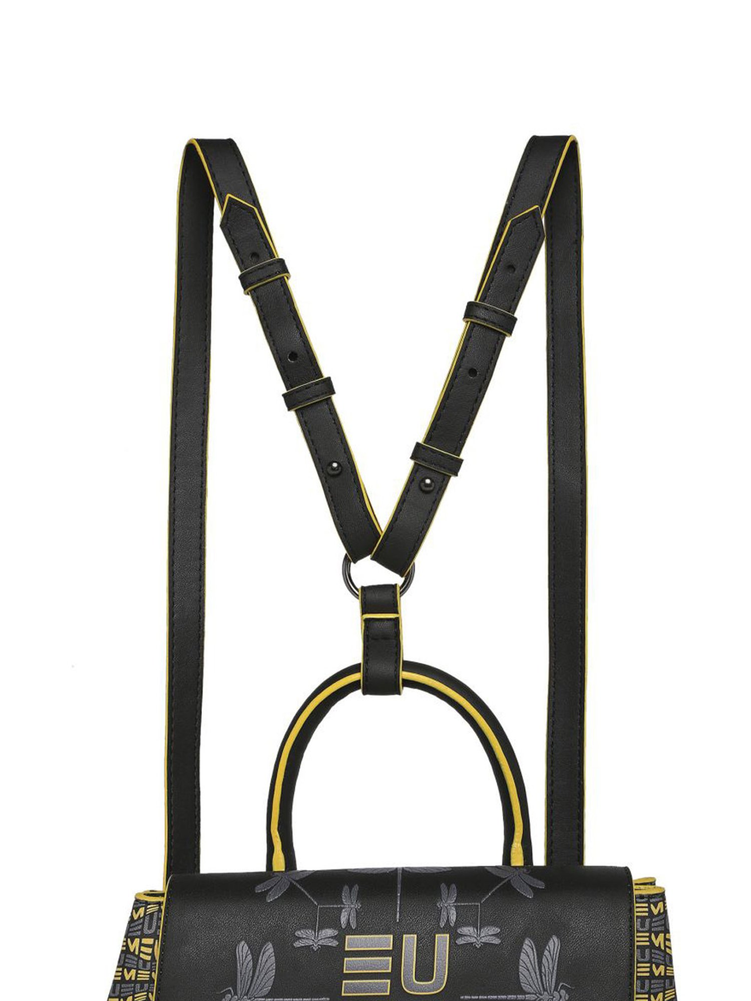 Eume Dragonfly Black Leather Printed Convertible Backpack