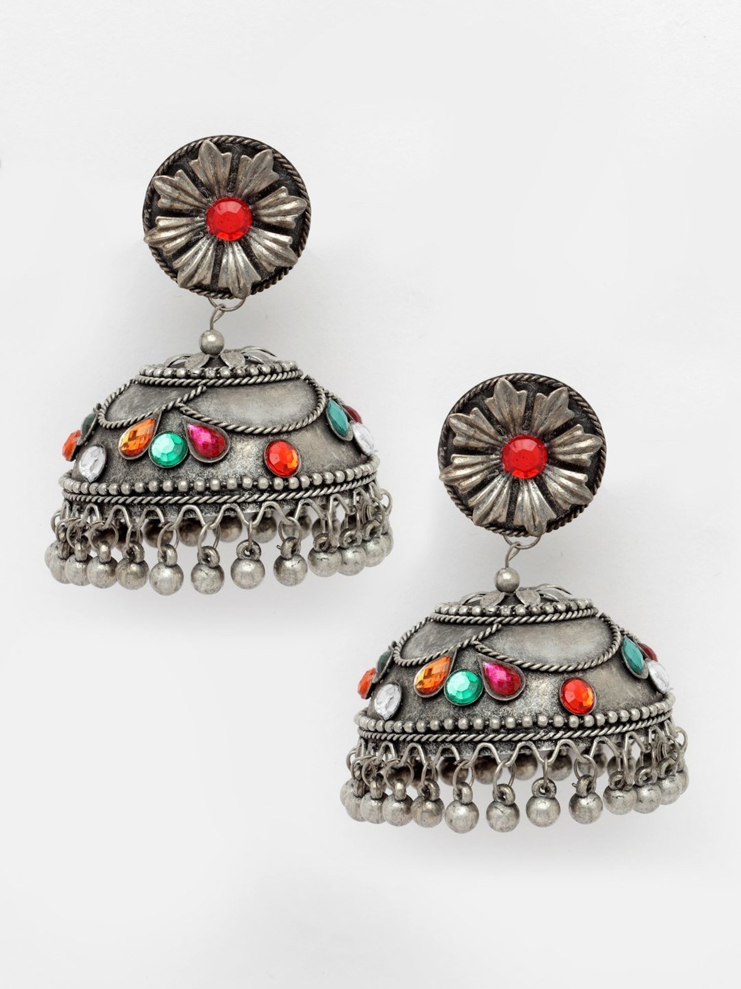 Moedbuille Crystals Tribal Tassell Design Oxidised Silver Plated Handcrafted Floral Earrings