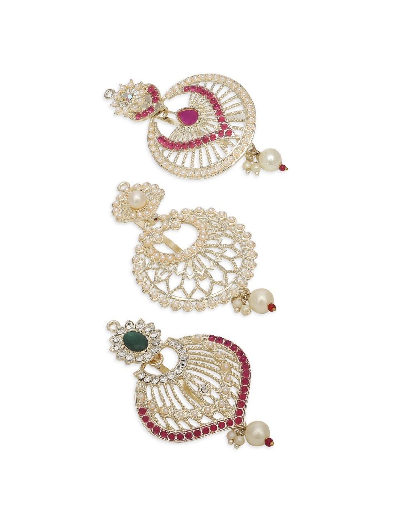 OOMPH Combo of 3 Red Maroon Stones Hair Bun Pin Juda Pin Ethnic Chandbali Style