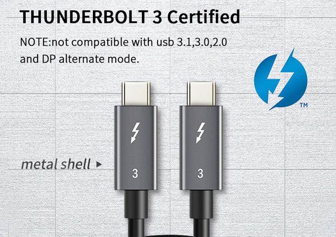 CABLETIME Thunderbolt 3 Cable(2.30ft/0.7m), 40Gpbs 100W 5A, Thunderbolt 3 Certified USB C Cable Compatible with New MacBook Pro, ThinkPad Yoga, Alienware 17 and More