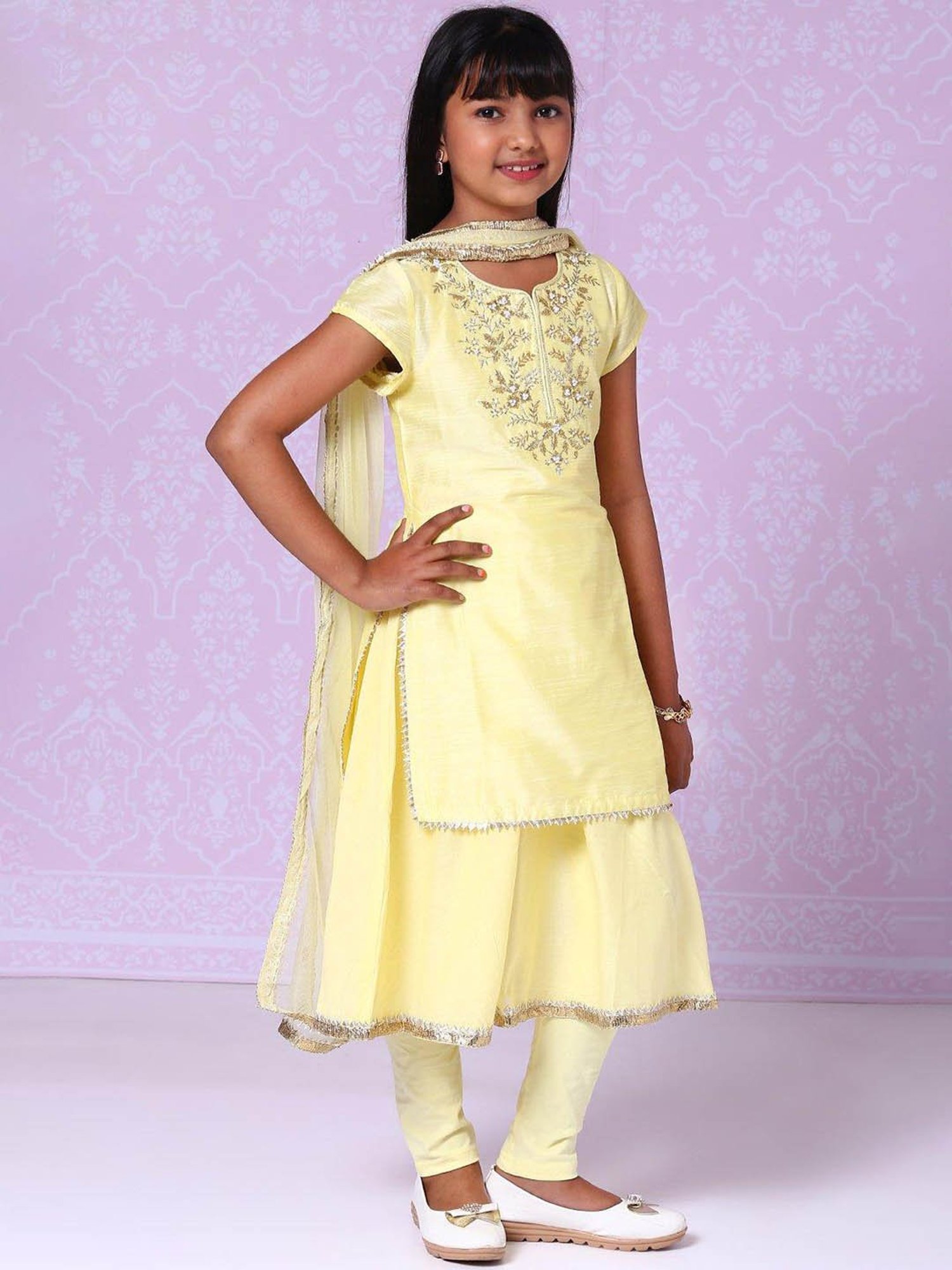 BIBA Girls Yellow Embroidered Anarkali, Leggings with Dupatta