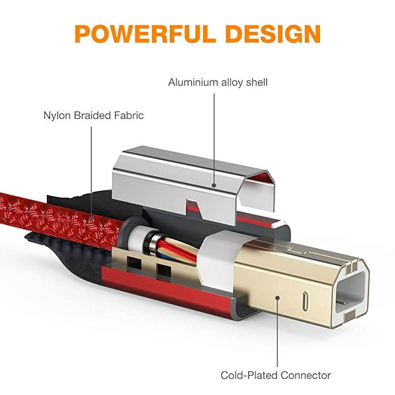 2 Pack Printer Cable,  USB 2.0 Printer Cord [6.6ft/2 Meters] A Male to B Male Scanner Cord High Speed Compatible with HP, Canon, Dell, Epson, Lexmark, Samsung, etc. (Red)