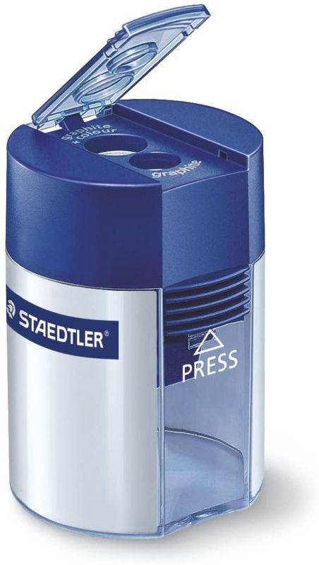 Staedtler 512001BK03 Handheld Manual Double-Hole Plastic Sharpener, Blue/Silver, 6/Box