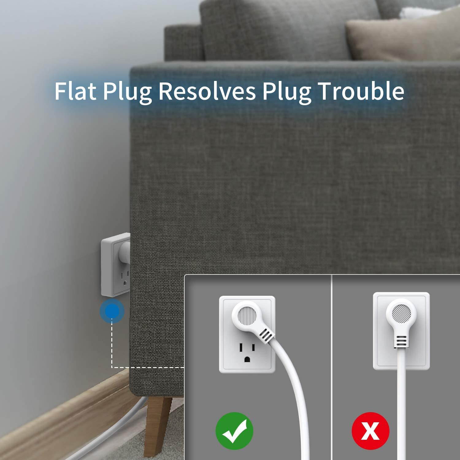 Power Strip Long Cord, with USB/Flat Plug/ 10ft Extension Cord, Mountable Portable Non Surge Protector for Home and Travel, 2 AC Outlets Semicircle - White