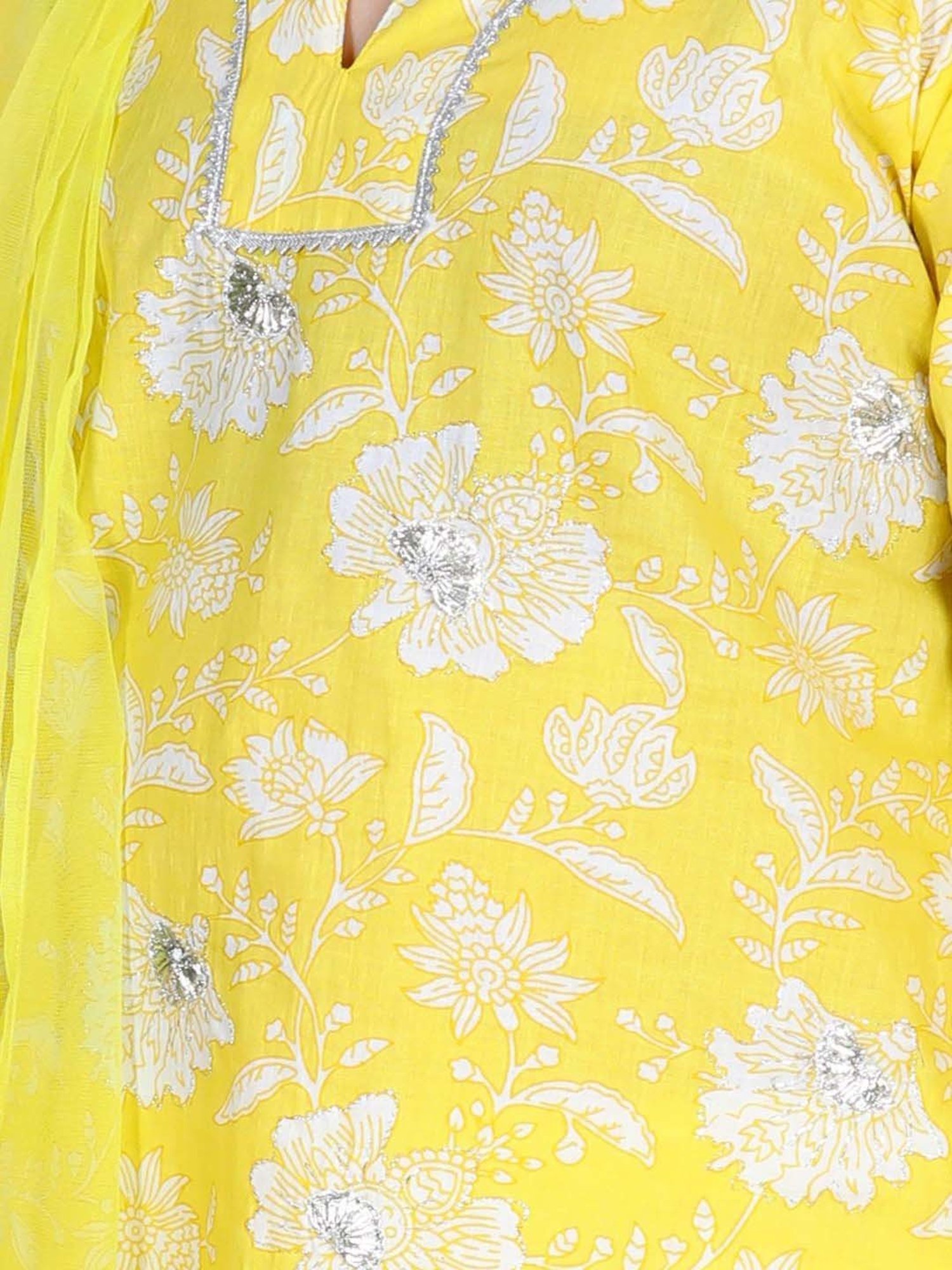 AJ Dezines Kids Yellow & White Cotton Floral Print Kurta Set