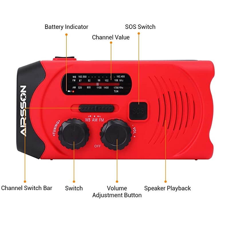 SOS 2000mAh Emergency Solar Hand Crank Portable RadioNOAA Weather Radio for Household and Emergency with AMFMLED FlashlightReading LampUSB ChargerBattery Indicator Red