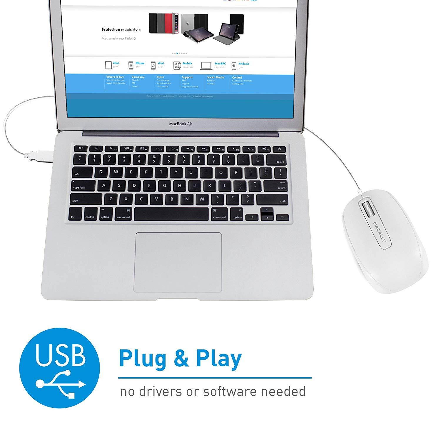 Macally USB Wired Computer Mouse with 3 Button, Scroll Wheel, 5 Foot Long Cored, Compatible with Windows PC, Apple MacBook Pro/Air, iMac, Mac Mini, Laptops