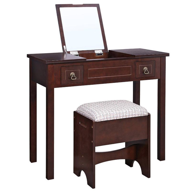 Wooden Vanity Set with Flip Top Mirror and 2 Drawers Brown - Benzara