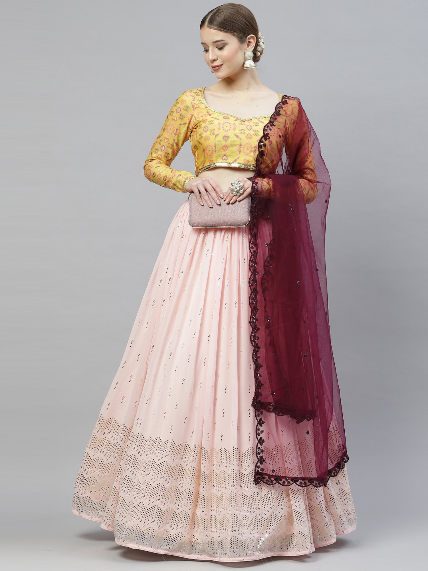 SHUBHKALA Pink Embellished Lehenga and Choli Set With Dupatta
