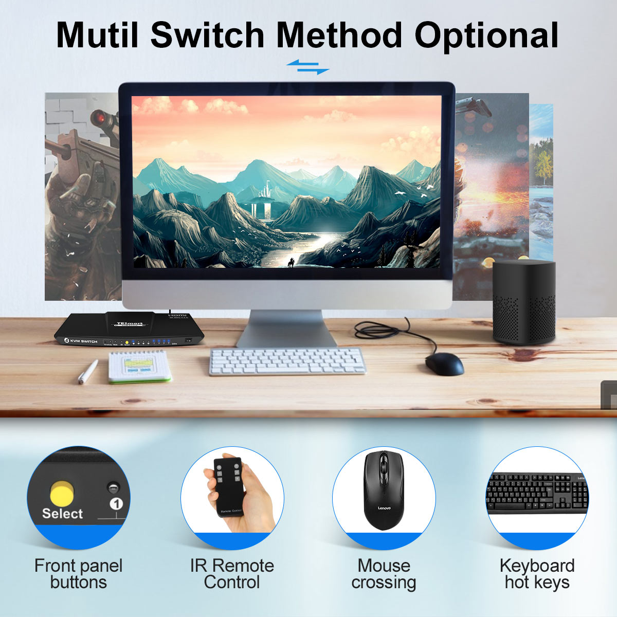 TESmart Newest HDMI KVM Switch 4 Port 4K@60Hz Ultra HD 4x1 HDMI KVM Switcher with 2 Pcs 5ft KVM Cables Supports Mechanical and Multimedia Keyboard &Mouse USB 2.0 Devices Control up to 2 Computers/Serv