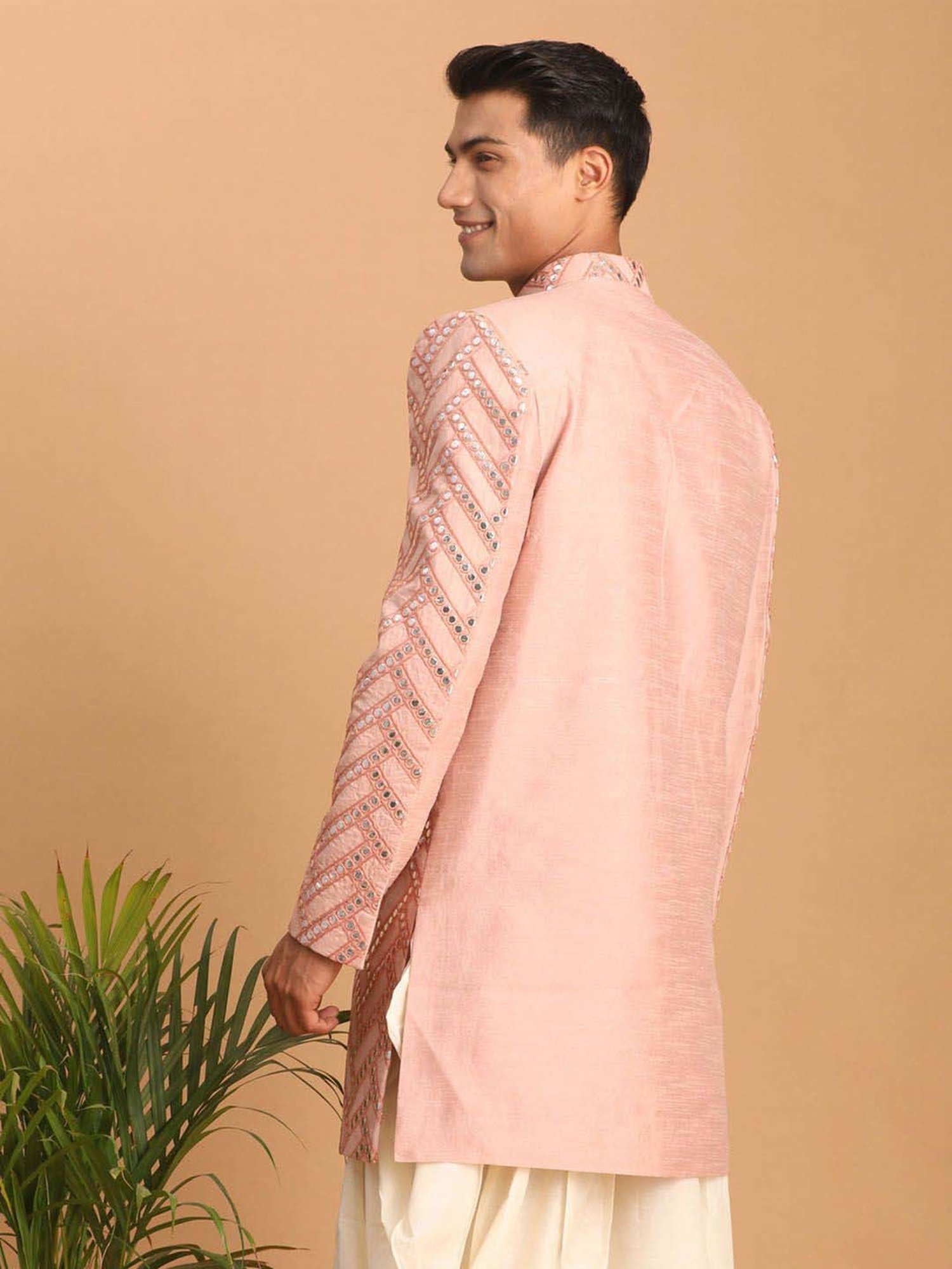 Hangup Plus Beige & Black Regular Fit Printed Sherwani Set