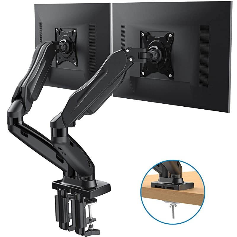 Dual Monitor Stand Adjustable Gas Spring Monitor Desk Mount Swivel VESA Bracket with C Clamp Grommet Mounting Base for 17 to 27 Inch Computer Screens Each Arm Holds 44 to 143lbs