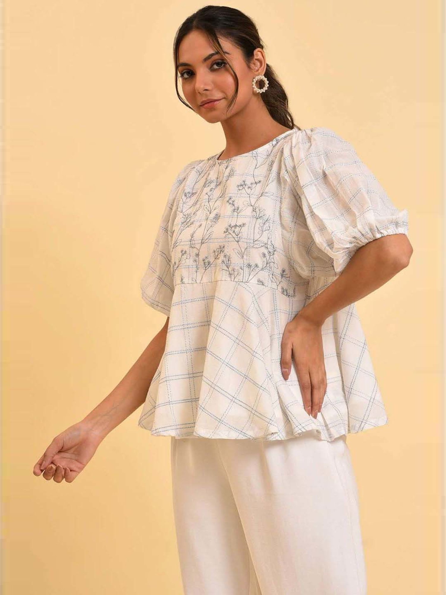 W Off-White Cotton Chequered Top