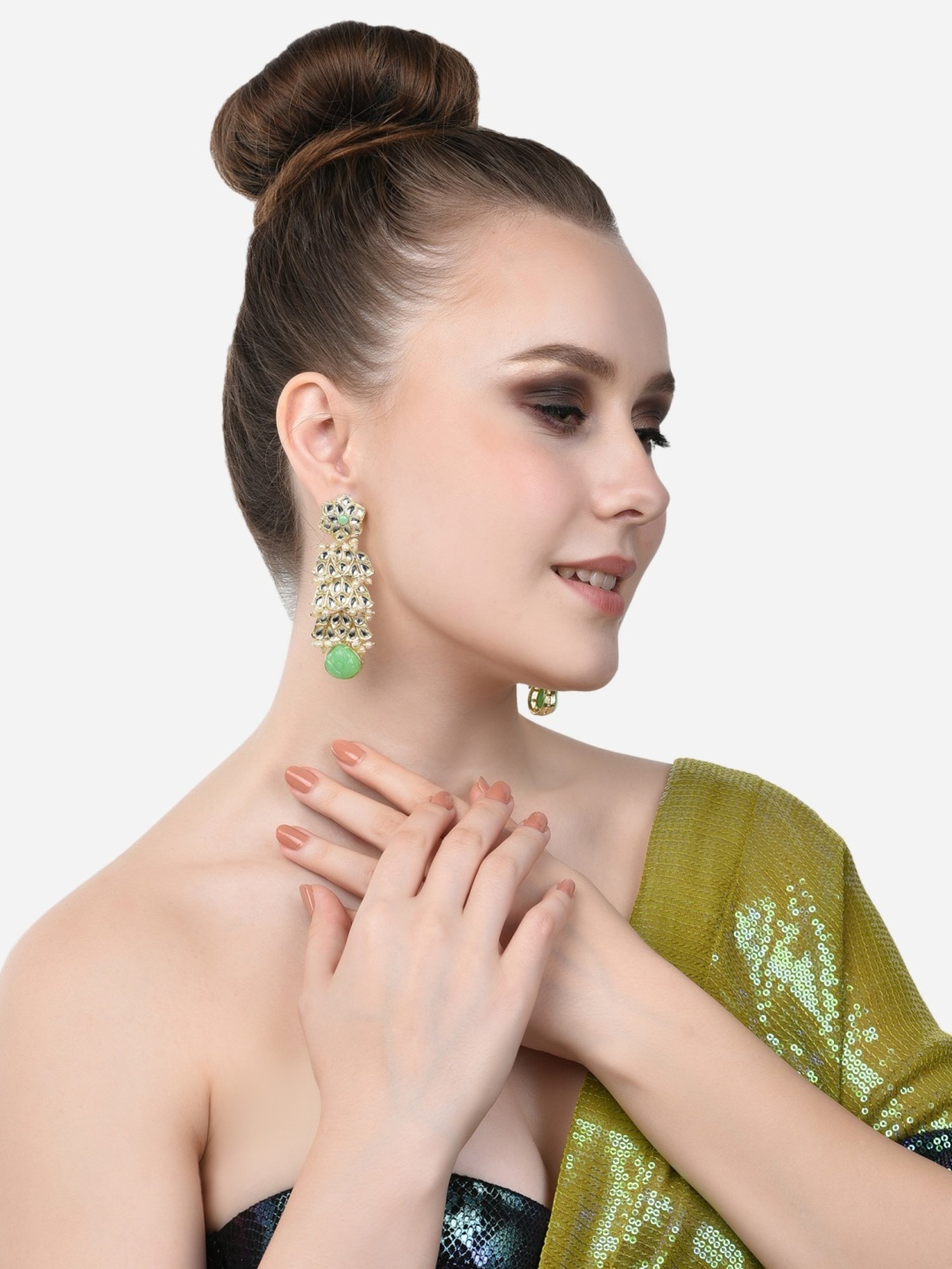 Zaveri Pearls Green Stones Traditional Kundan Dangle Earring-ZPFK14612