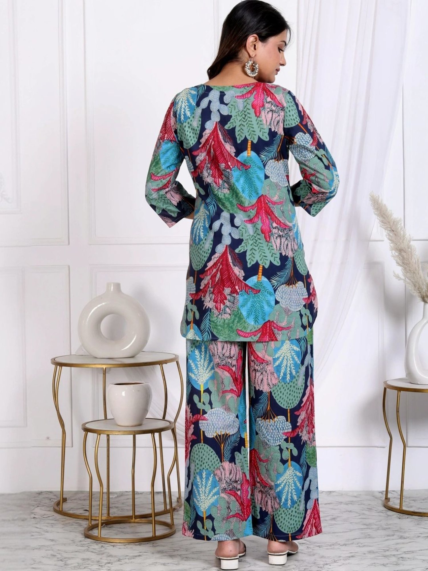 Kaftanize Multicolored Tropical Collage Printed Cotton Tunic with Pant