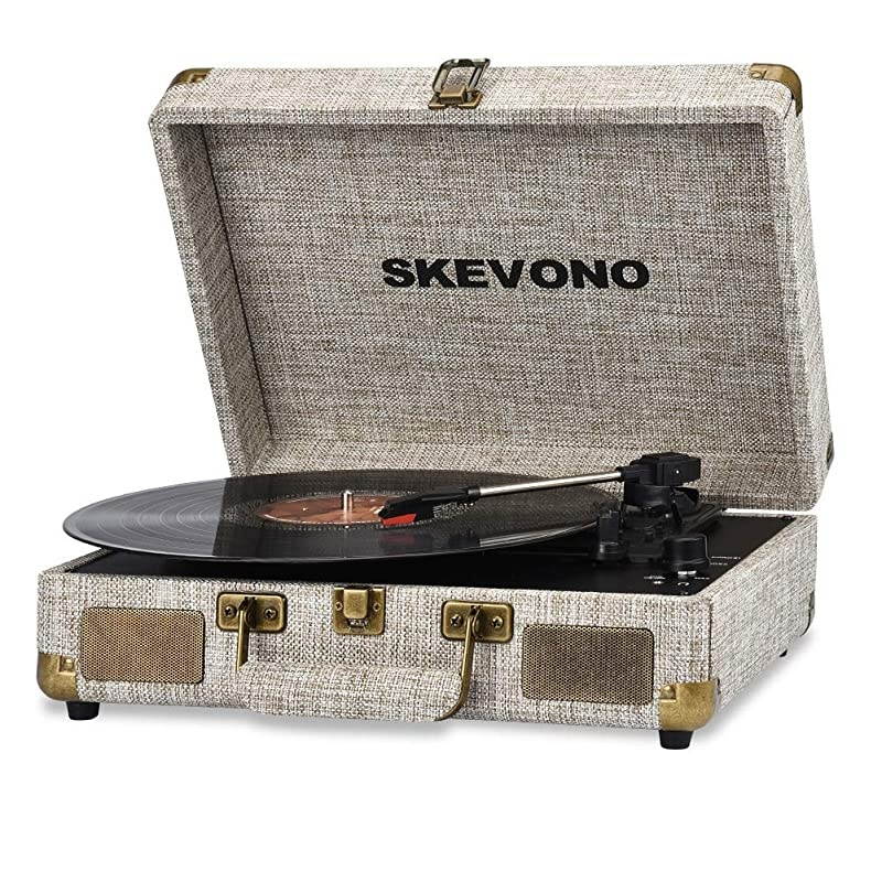 Vinyl Record Player  3 Speed Portable Suitcase Turntable Bluetooth Vintage Record Player with 2 Builtin Speakers Supports RCA OutputHeadphone JackPhone Music Playback Light Beige Linen