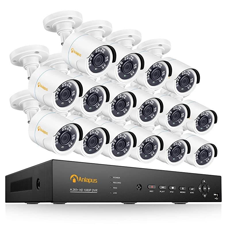 16 Channel H.265+ 1080P Security Camera System, 16CH 4-in-1(TVI/AHD/CVI/CVBS) DVR Kit, (16) Outdoor Bullet 2MP HD CCTV Surveillance Cameras, Easy Remote Access(No Hard Drive)