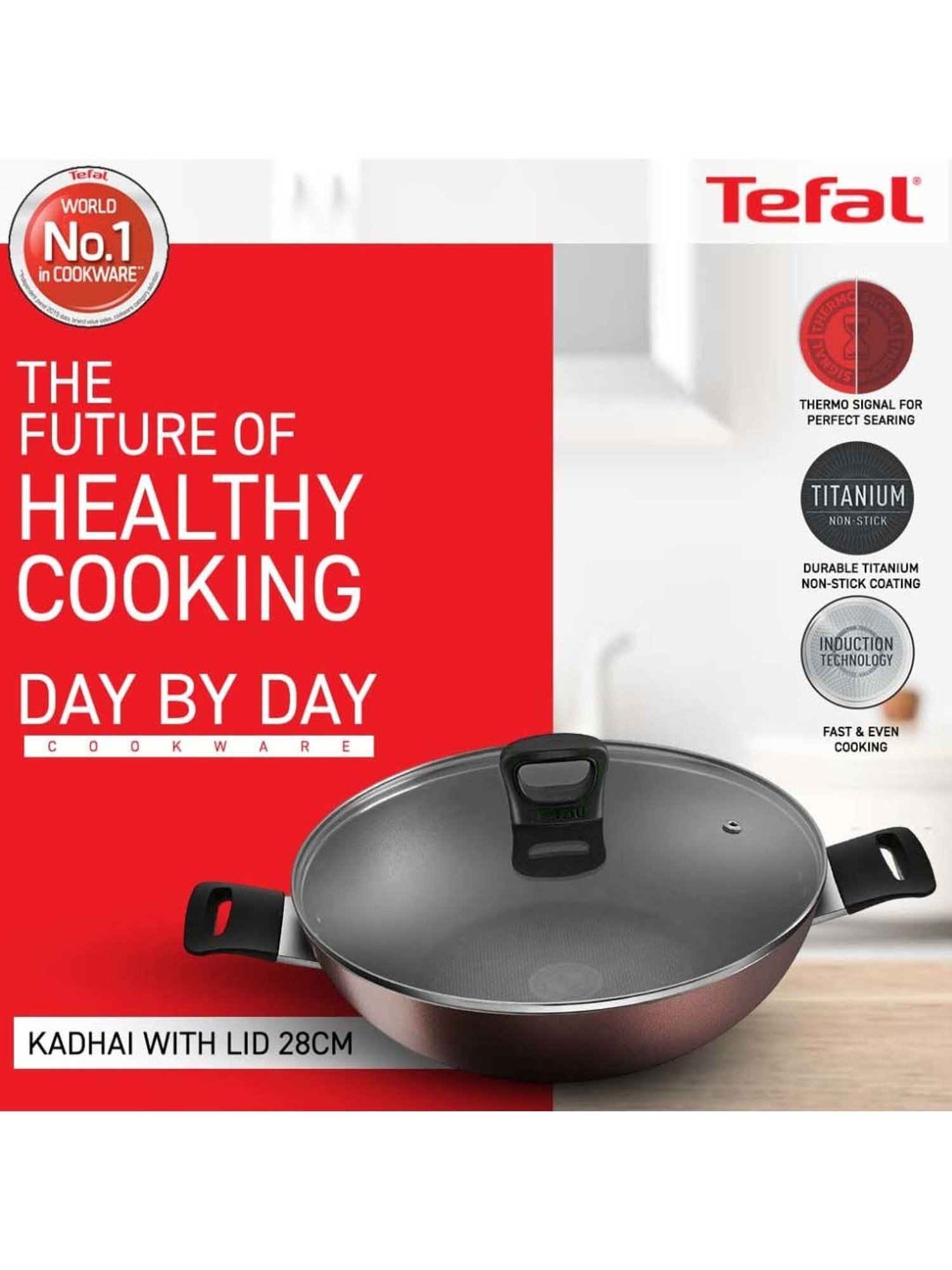 Tefal Day By Day Brown Aluminium 28 cm Non Stick Kadhai With Lid (5 L)