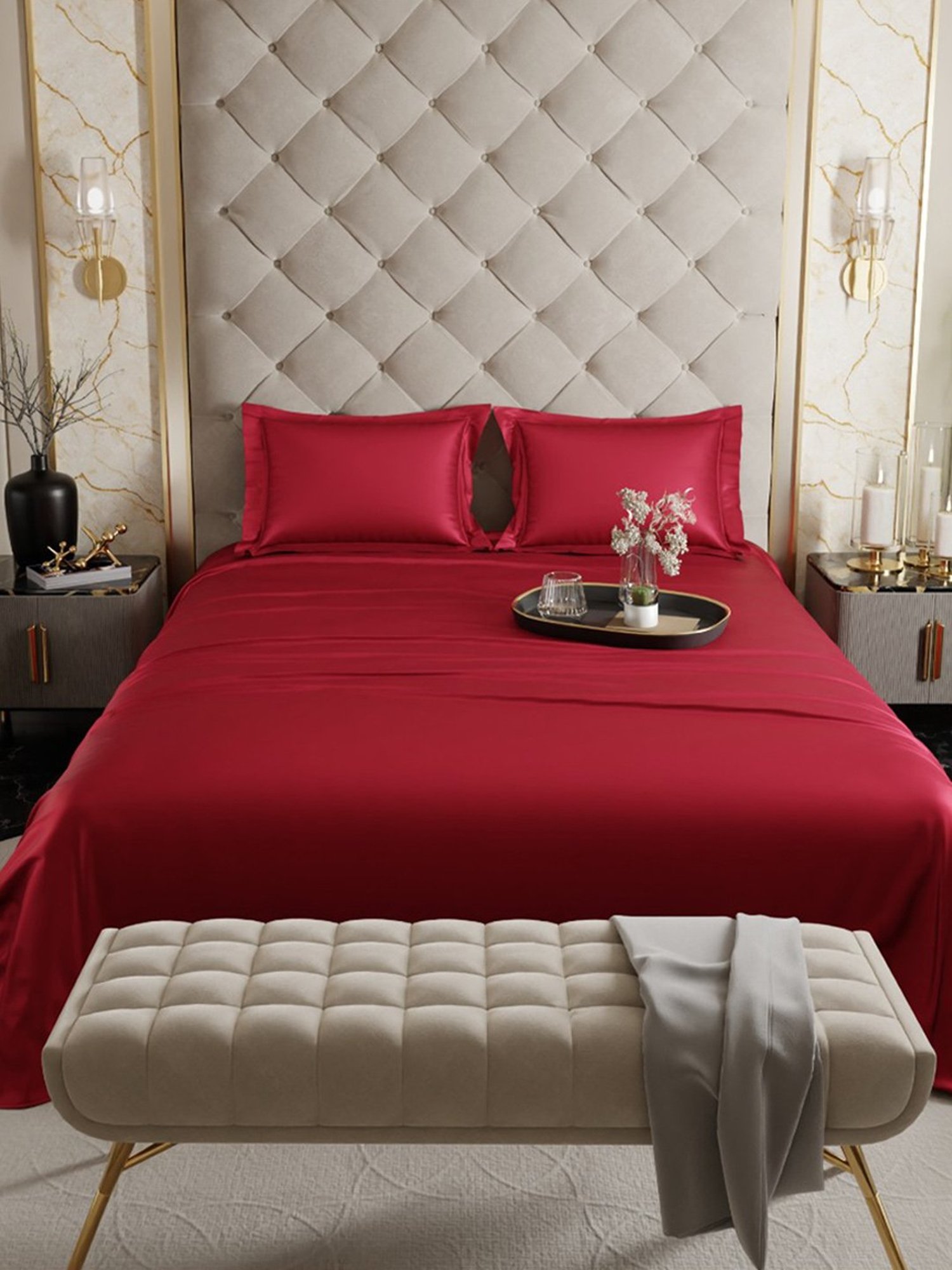 Stoa Paris Red Polyester 300 TC Double Bedsheet with 2 Pillow Covers