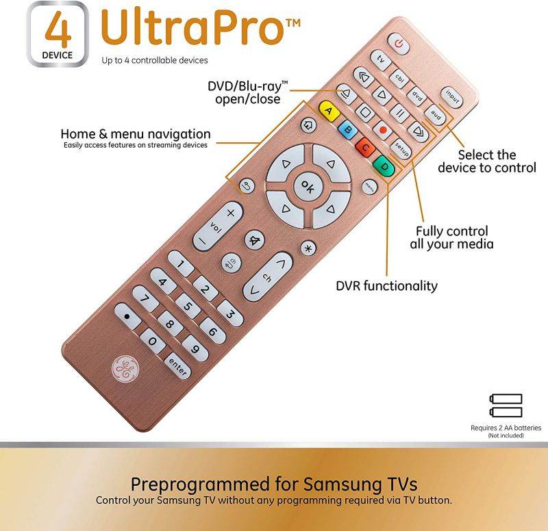 GE Backlit Universal Remote Control for Samsung, Vizio, LG, Sony, Sharp, Roku, Apple TV, TCL, Panasonic, Smart TV, Streaming Players, Blu-Ray, DVD, Simple Setup, 4-Device, Rose, 48846