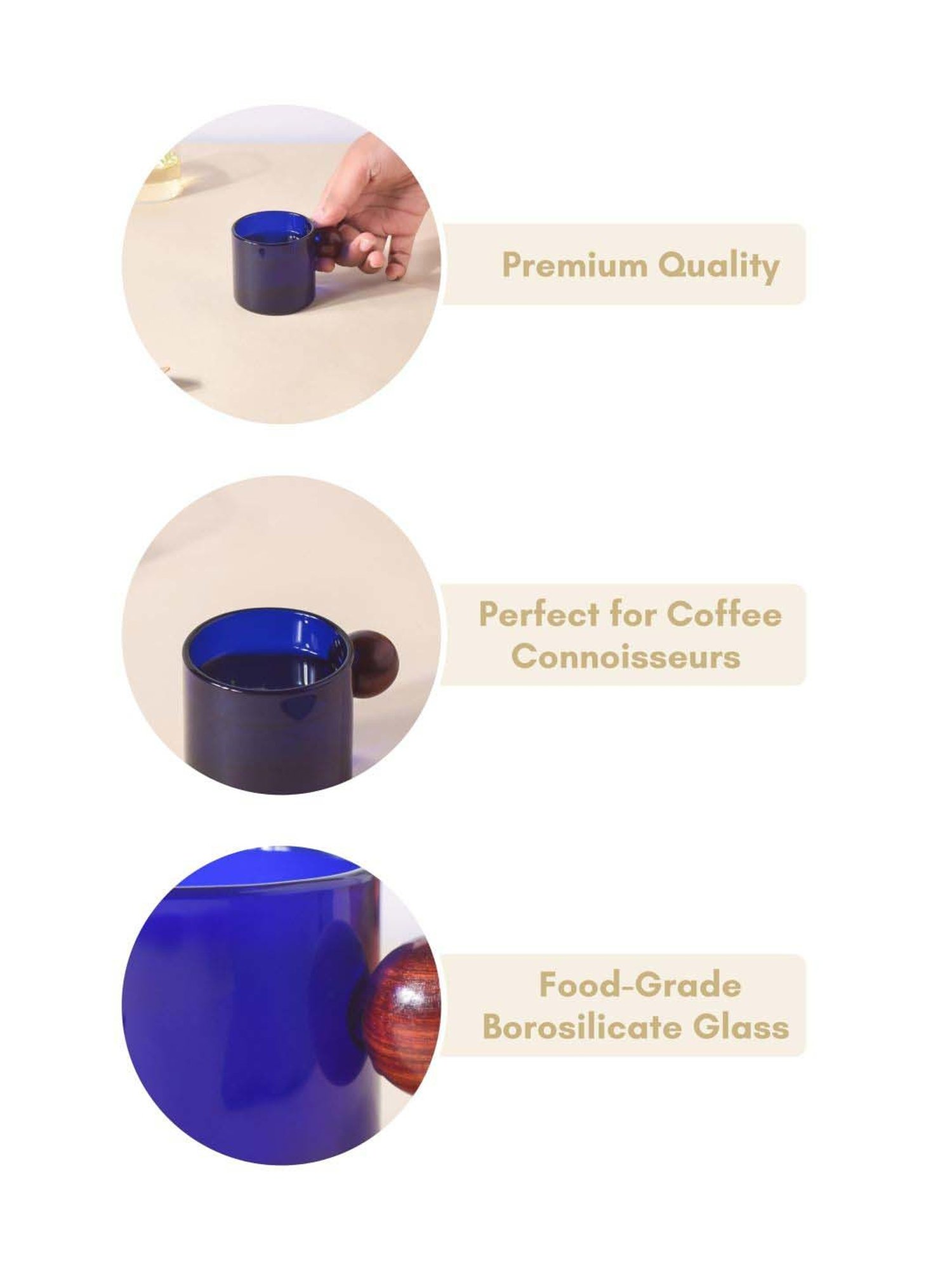 Nestasia Premium Translucent Blue Glass Mug with Knob-Shaped Wooden Handle, 100ml