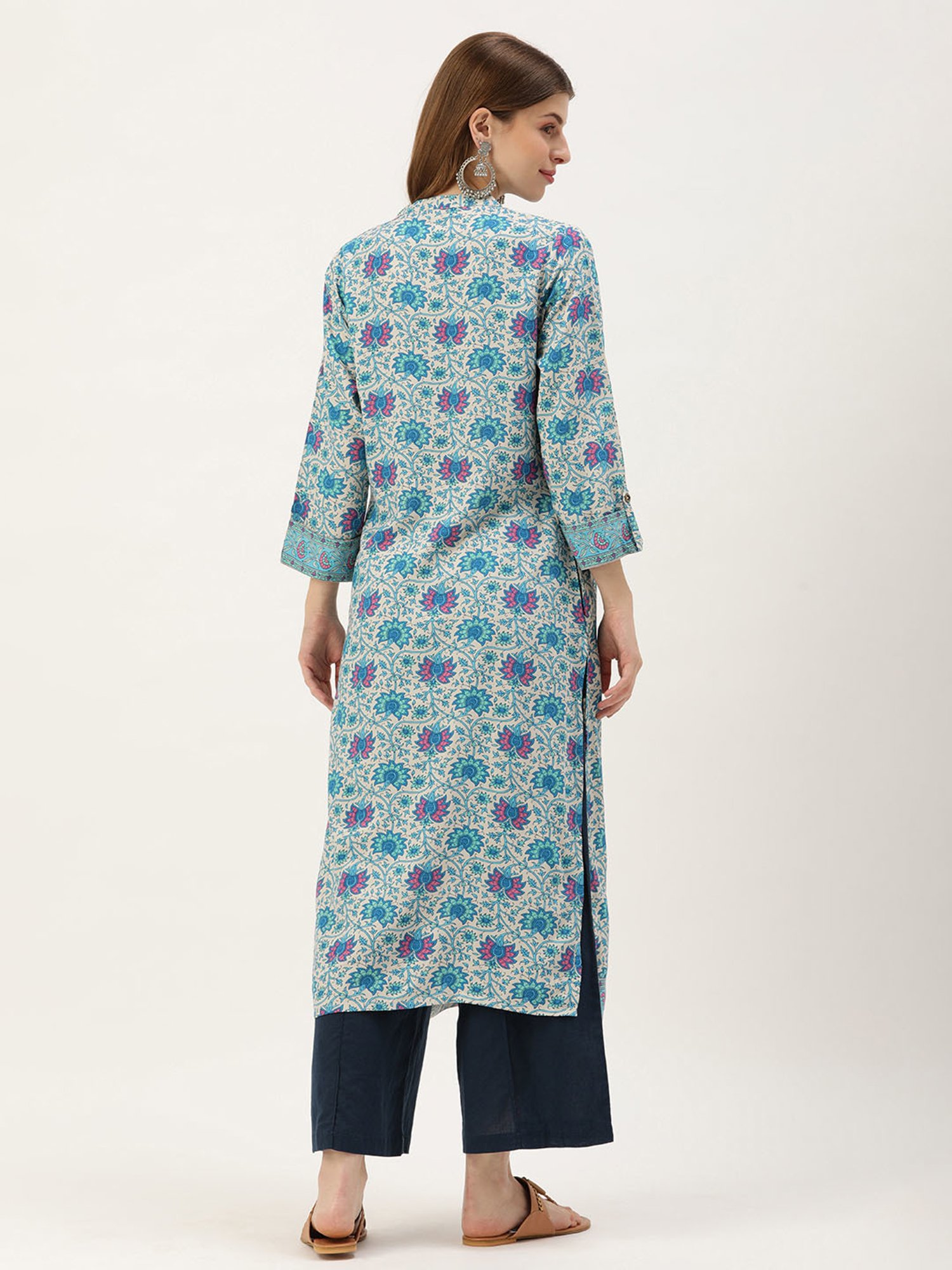 Amukti Blue Rayon Floral Print Straight kurta