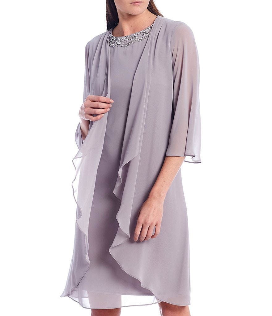 Kay Unger Long Bishop Sleeve V-Neck Crepe A-Line Dress