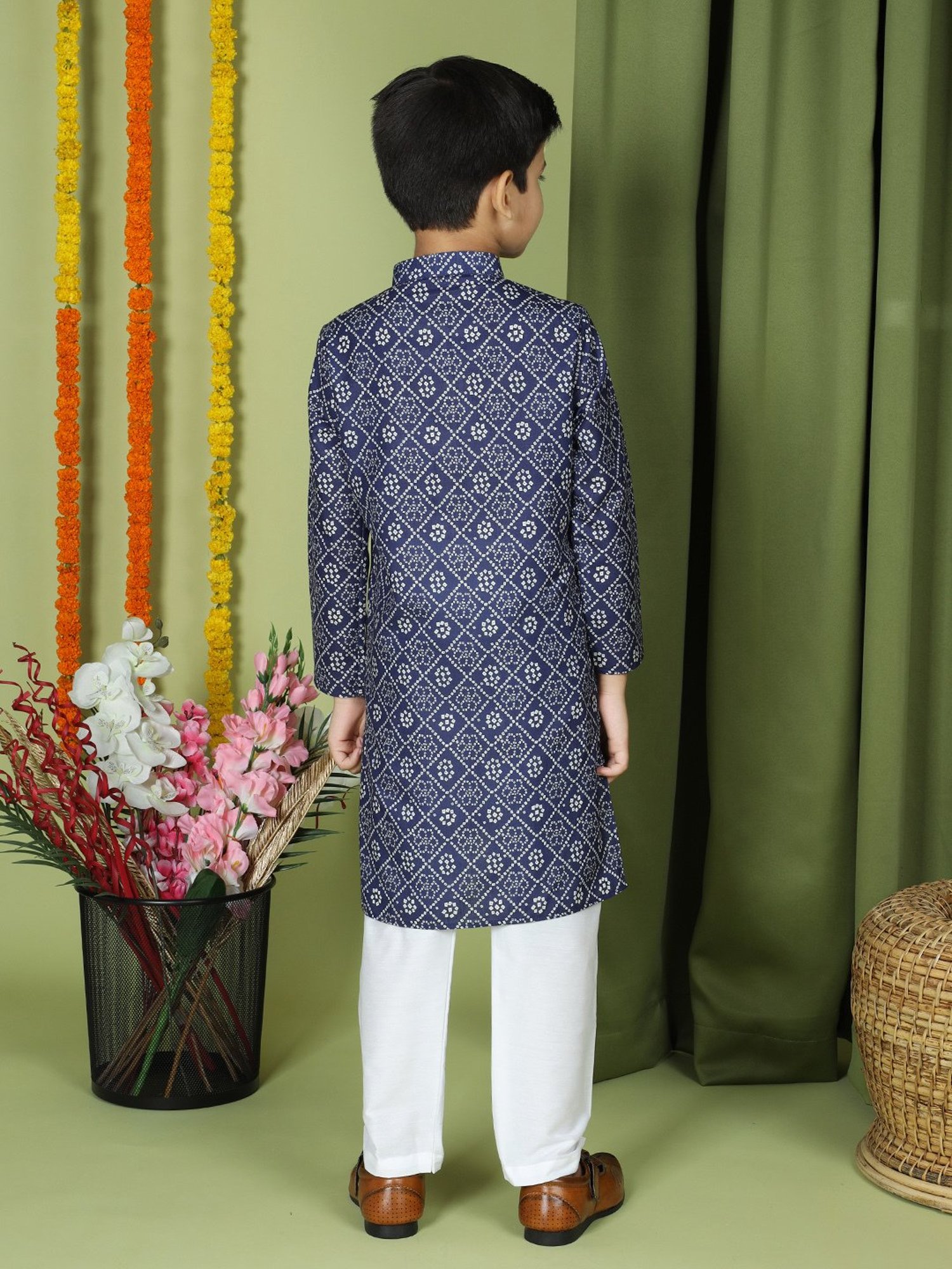 TABARD Kids Navy & White Printed Full Sleeves Kurta with Pyjamas