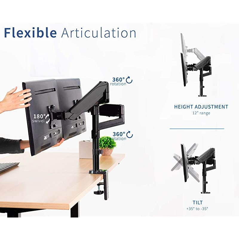 Dual Monitor Arm Mount for 17 to 32 inch Screens - Pneumatic Height Adjustment, Full Articulating Tilt, Swivel, Heavy Duty VESA Stand with Desk C-clamp and Grommet Option STAND-V002K