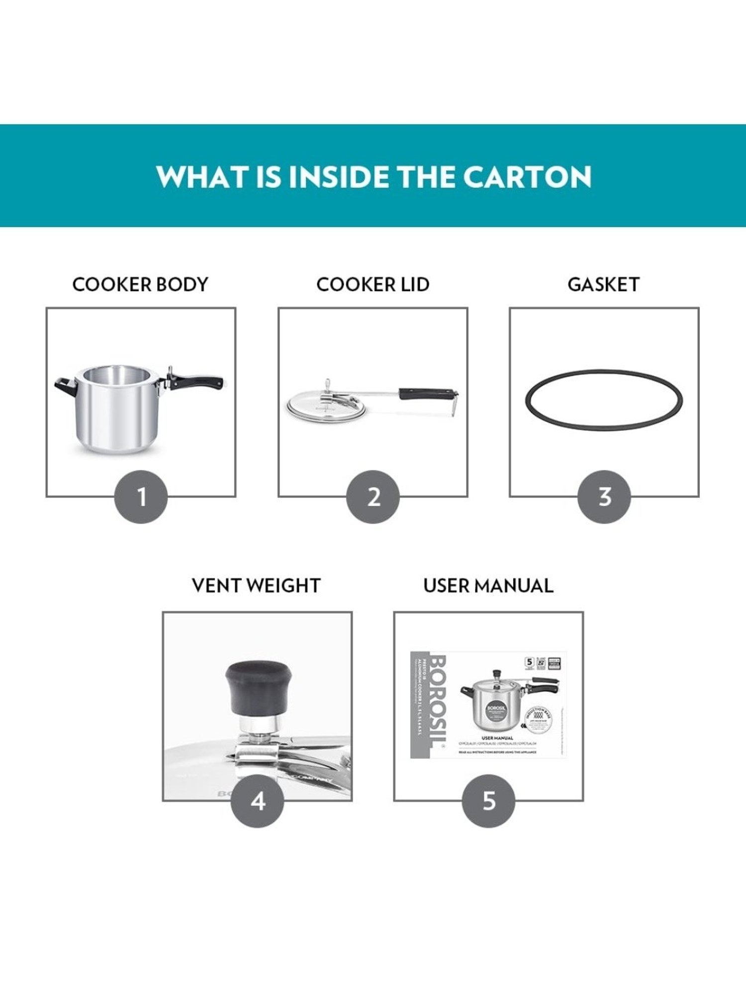Borosil Silver Aluminium Pressure Cooker (6.5 L)