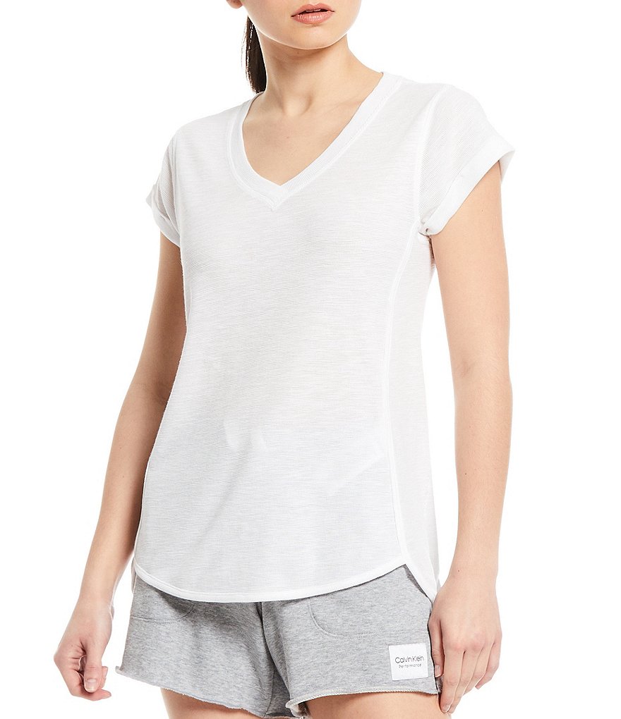 Calvin Klein Performance Tic Tac Toe Roll Cuff Short Sleeve V-Neck Top
