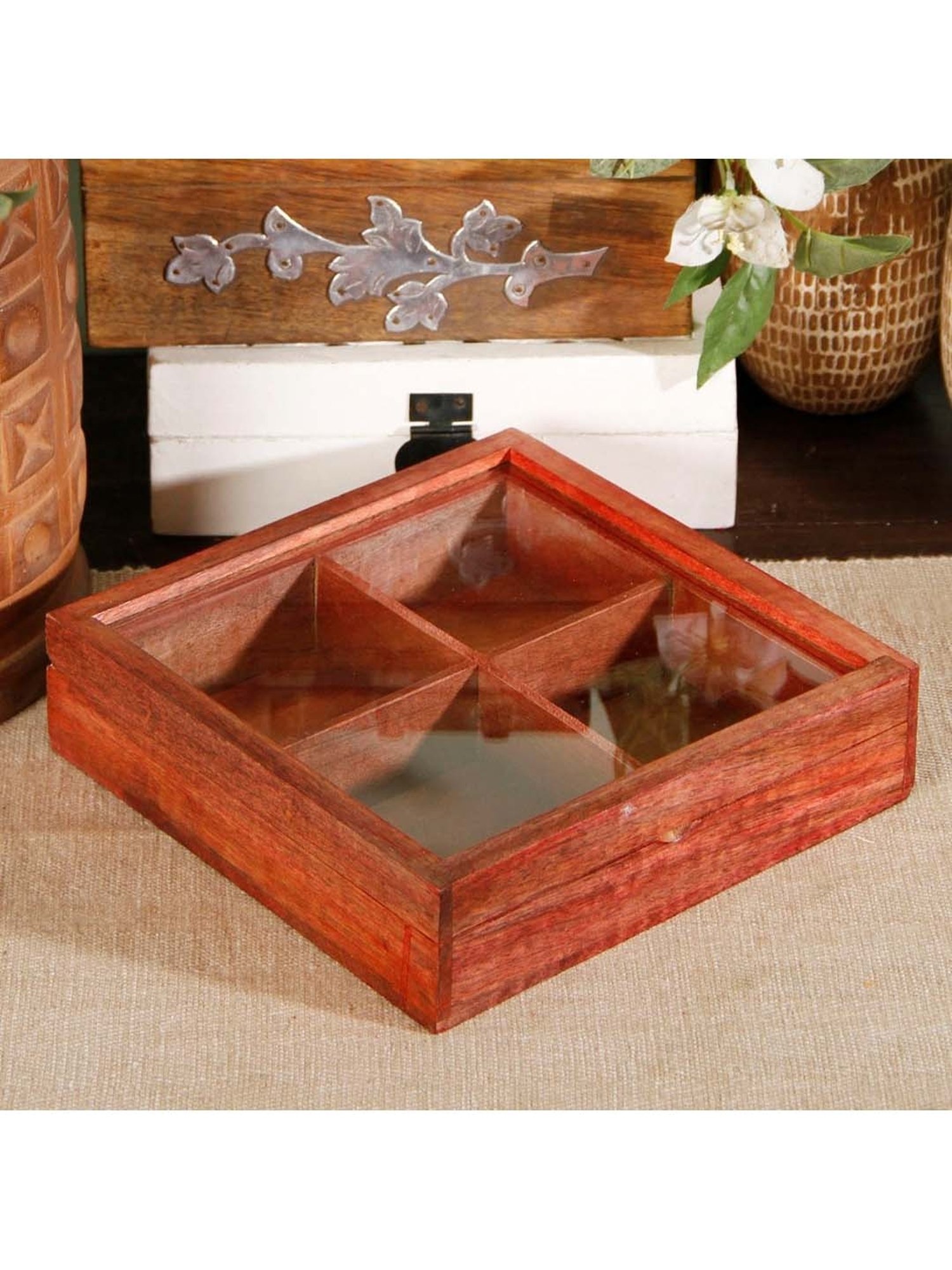 Unravel India Red Wood Utility Box - Set of 1