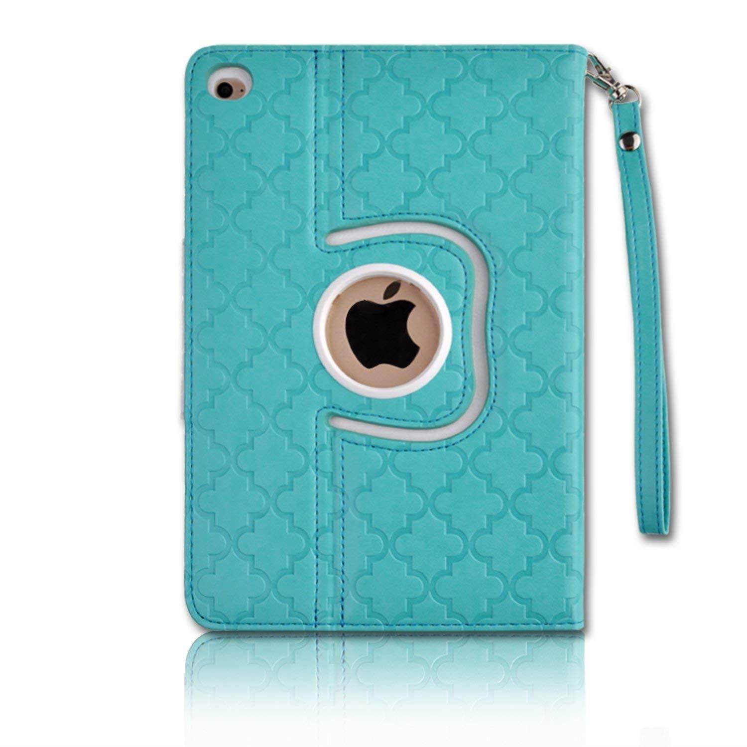 Thankscase Case for iPad Mini 4, Rotating Leather Case Smart Cover with Beautiful Quatrefoil Lattice Embossed Pattern, Swivel Case with Wallet Pocket and Hand Strap for iPad Mini 4 (Mint Quatrefoil)