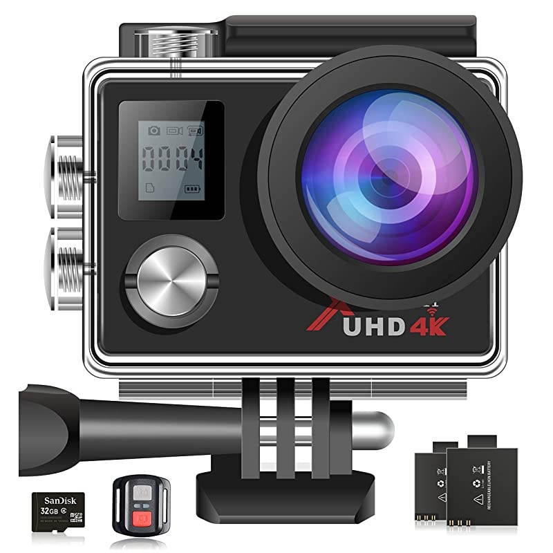 Action Camera 4K WiFi Ultra HD Camera Underwater 30M 170&deg;Wide-Angle Lens with Remote Control 2 Batteries and Mounting Accessories Kit