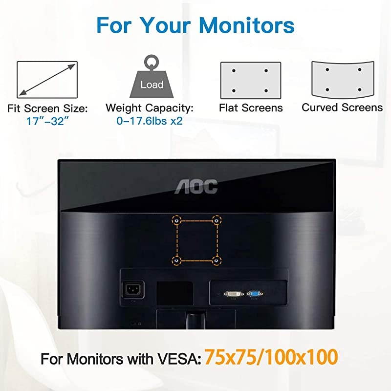 Dual Monitor Mount Stand - Aluminum Gas Spring Arm Height Adjustable Monitor Desk Mount VESA Bracket for Two 17 to 32 Inch Flat / Curved LCD Computer Screens with C Clamp, Grommet Base