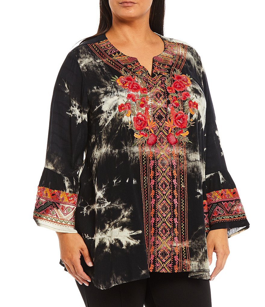 Calessa Plus Size Split Jewel Neck 3/4 Embroidered Bell Cuff Tunic