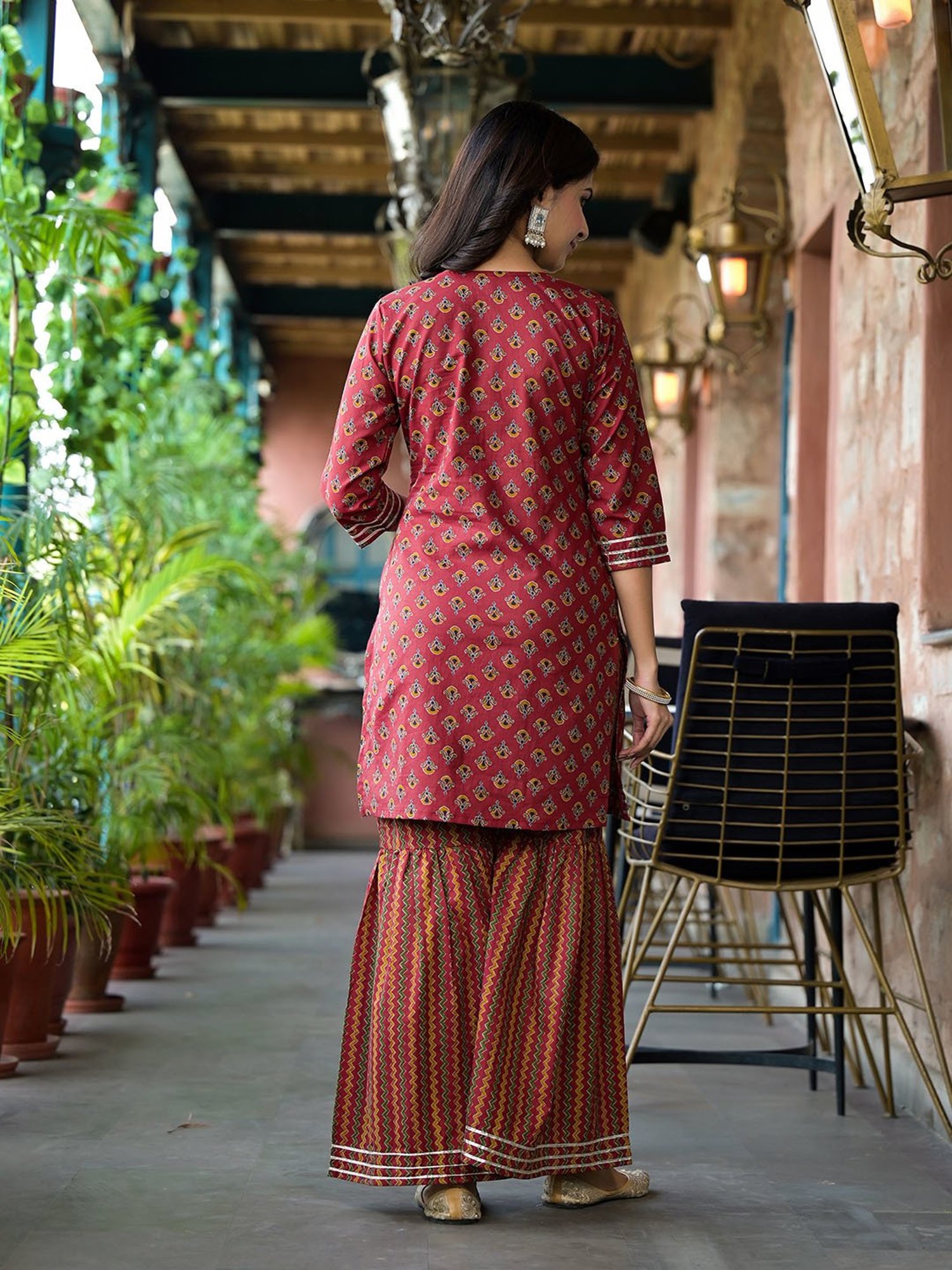 Yufta Rust Embroidered Kurta With Sharara & Dupatta