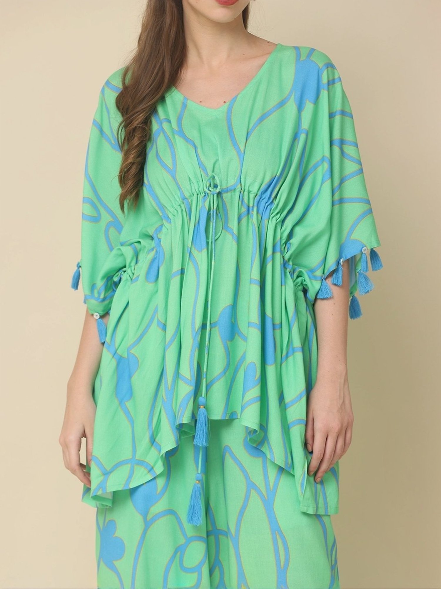 Zolo Label Green Cotton Printed Top Palazzo Set