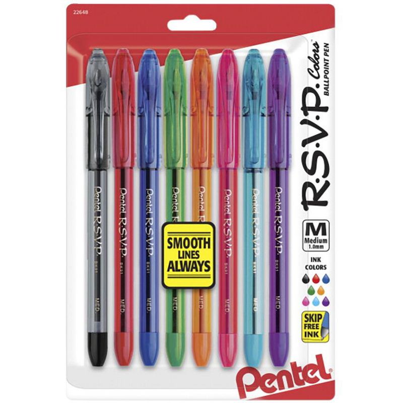 Pentel R.S.V.P. Refillable Ballpoint Pen, 1 mm Medium Tip, Assorted Color Ink, Clear Barrel, pk of 8