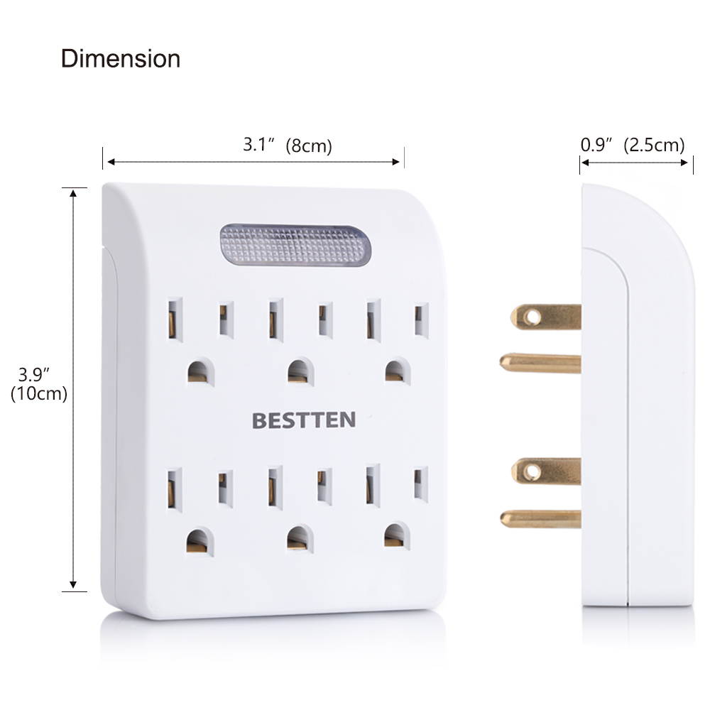 [4 Pack] BESTTEN 6 Way Outlet Extender with Auto LED Sensor Indicator, Perfect Electrical Wall Tap Adapter for Home and Office Use, ETL Certified, White
