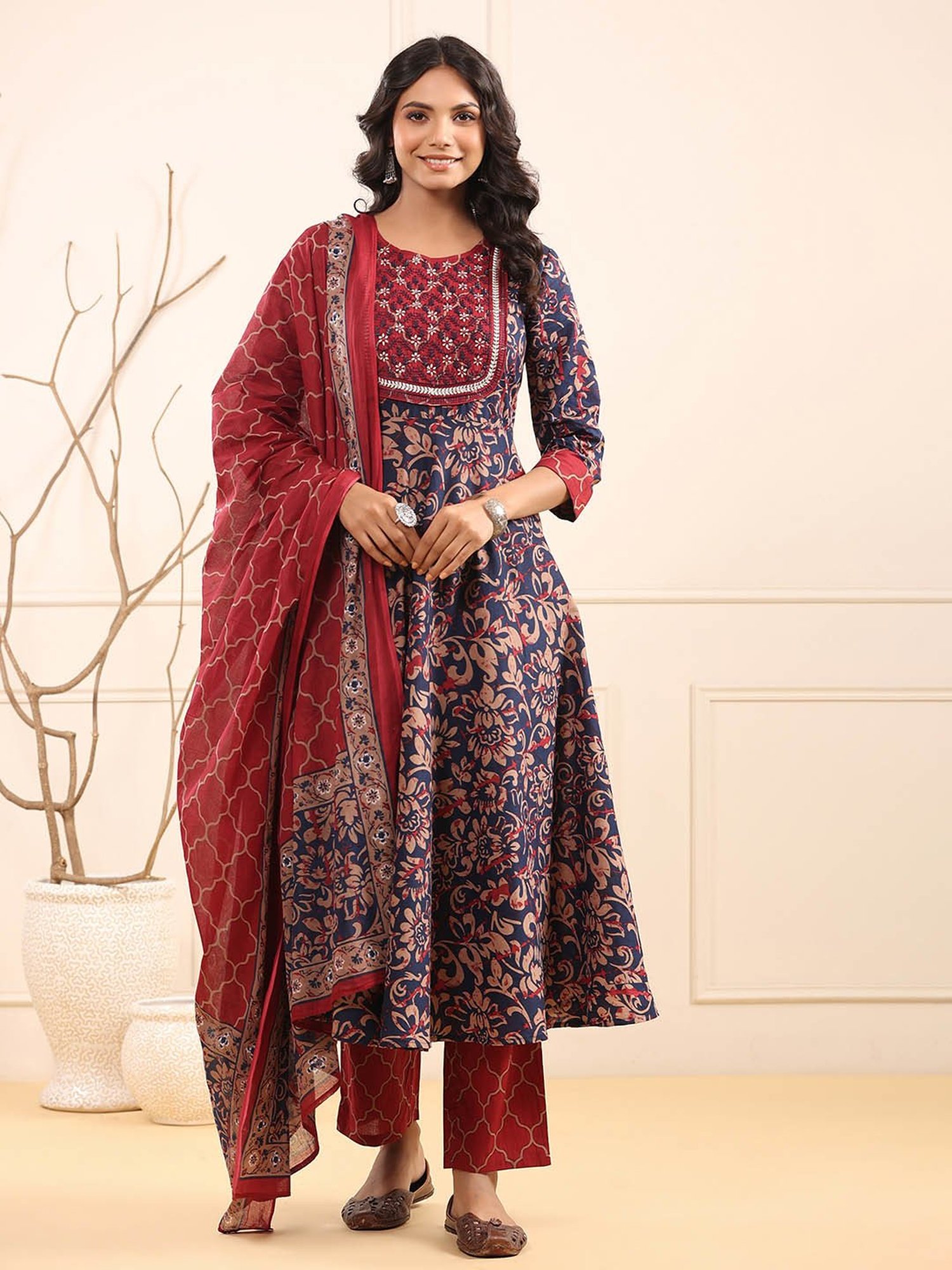 Rain and Rainbow Navy & Maroon Cotton Floral Print Kurta With Pant & Dupatta