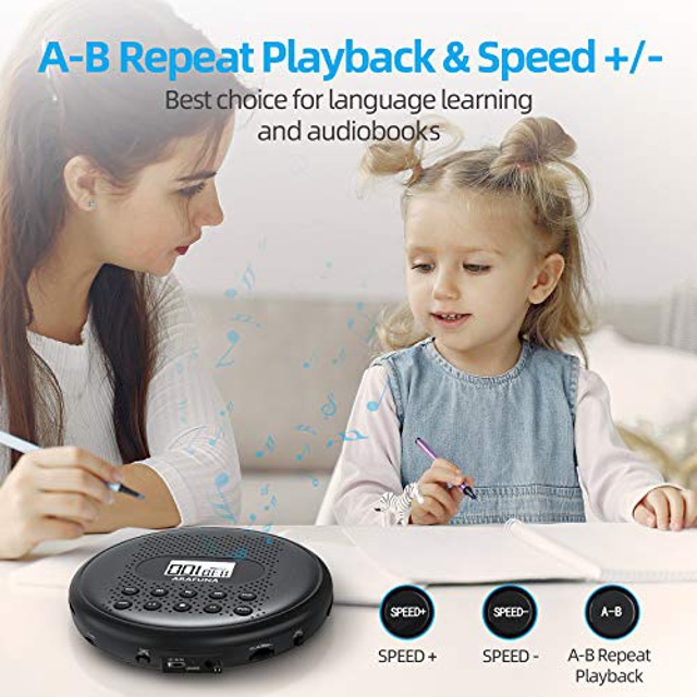 Portable CD Player with Dual Stereo Speakers, ARAFUNA Rechargeable CD Player Portable for Car, Anti-Skip Protection Walkman CD Player with Backlit Push Button & LCD Display, 3.5mm AUX Cable - Black