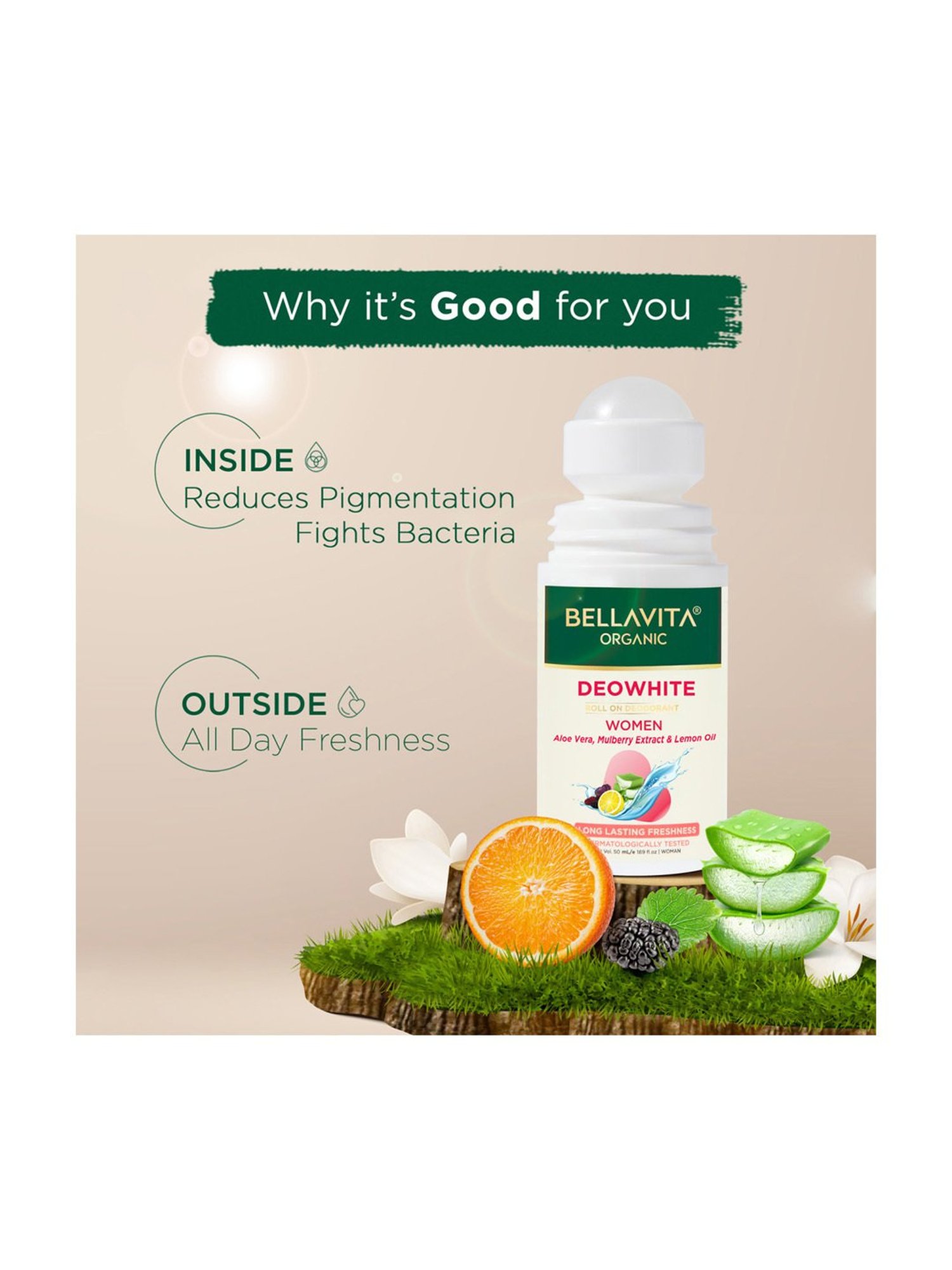 Bella Vita Organic Deo White Underarm Whitening Natural Roll On Deodorant for Women - 50 ml