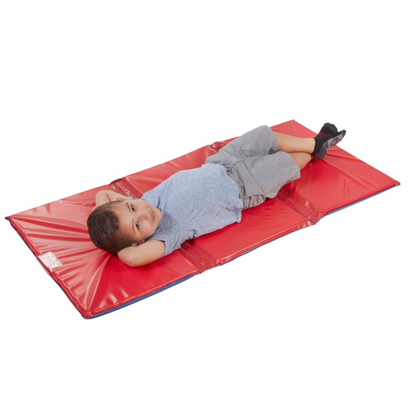 ECR4Kids Premium 3-Fold Daycare Rest Mat with Name Tag Holder, 1in Thick, 5-Pack - Red/Blue