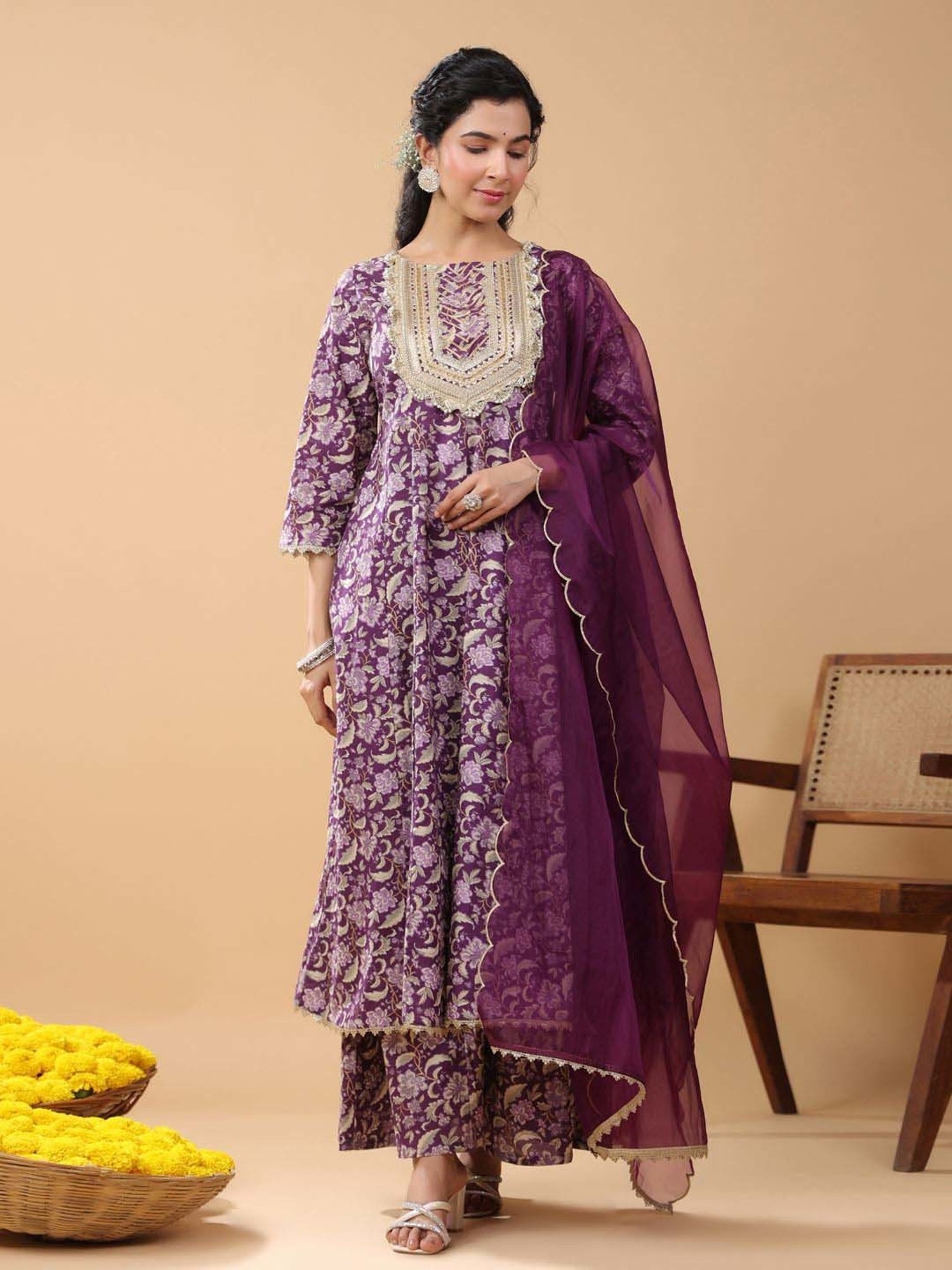 Janasya Purple Cotton Floral Print Kurta With Palazzo & Dupatta