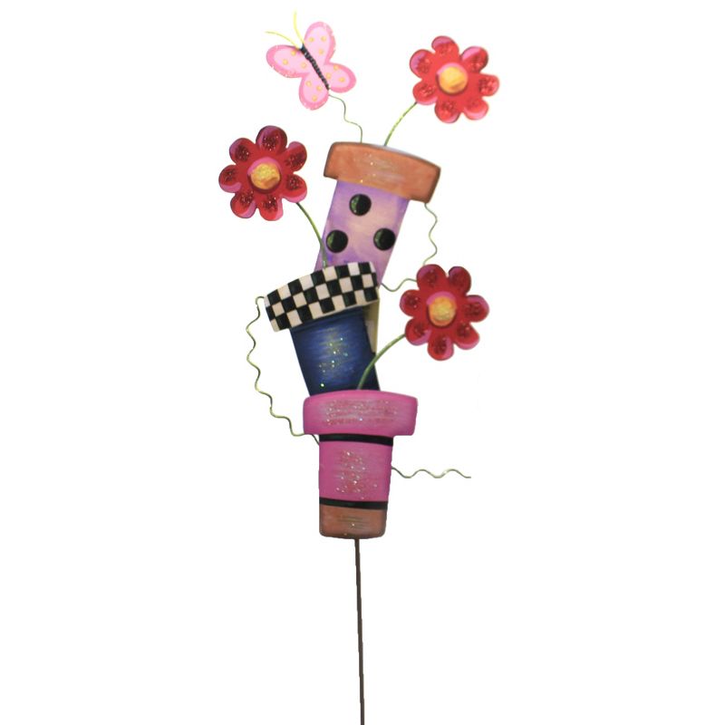 Home & Garden 38.5" Three Pot Stack Butterfly Flowers Round Top Collection  -  Decorative Garden Stakes