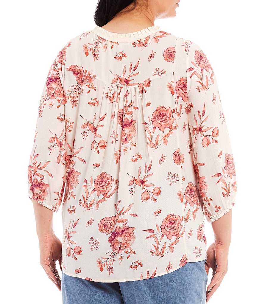 One World Apparel Plus Size Large Floral Daze Print Tassel Tie Neck 3/4 Bubble Sleeve Peasant Top