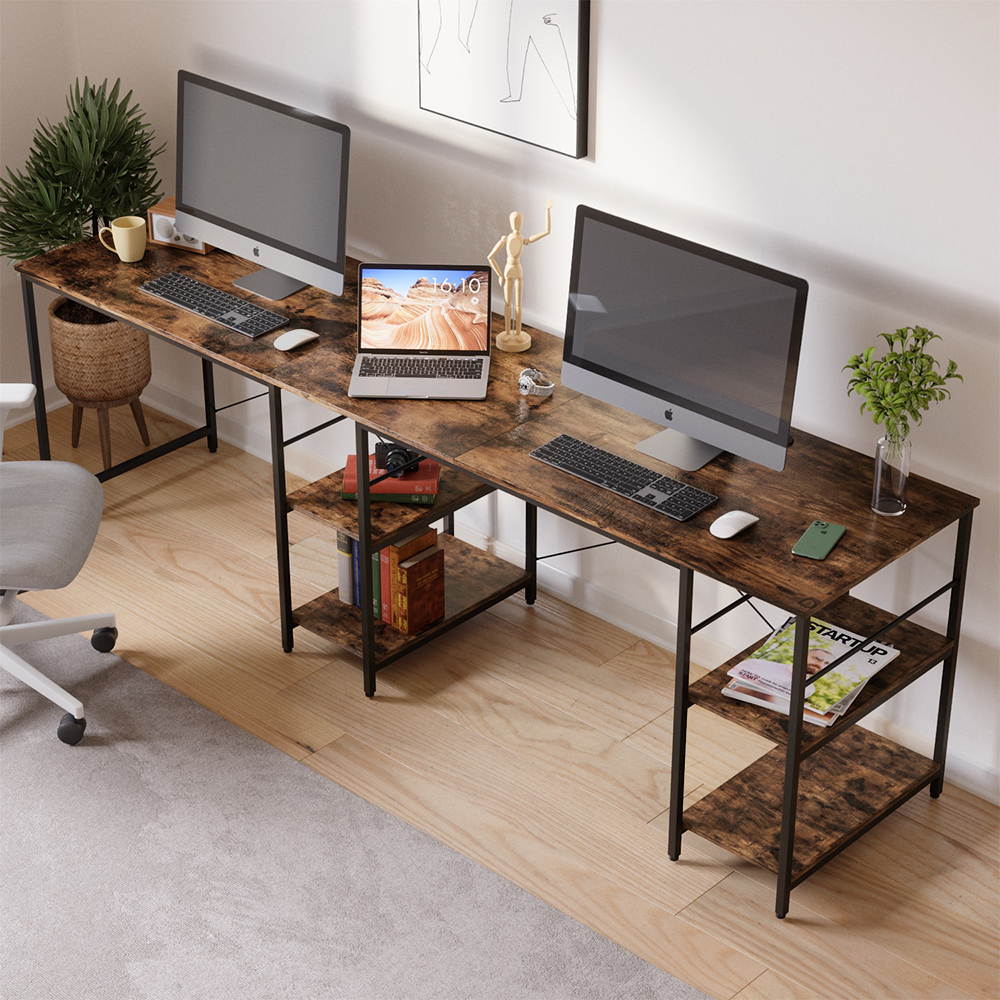 Bestier L Shaped Desk with Shelves 95.2 Inch Reversible Corner Computer Desk or 2 Person Long Table for Home Office Large Gaming Writing Storage Workstation P2 Board with 3 Cable Holes, Grey Oak